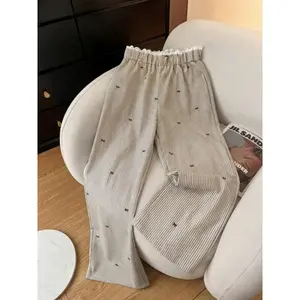 Women's Casual Fashion Pants, Bowknot Striped Lace Waist, Straight Leg Wide-Legged, European Style Lazy Leisure Wear