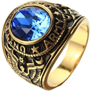 Men's Stainless Steel US Army Veteran Hawk Eagle Ring with Oval CZ Gemstone