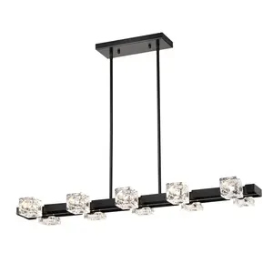 Rectangle Chandelier for Dining Room, 10-Light Black Farmhouse Linear Pendant Light Fixture, Modern Crystal Hanging Lighting Chandelier for  Lobby, Kitchen, Bedroom, Living Room, Conference Room, Home
