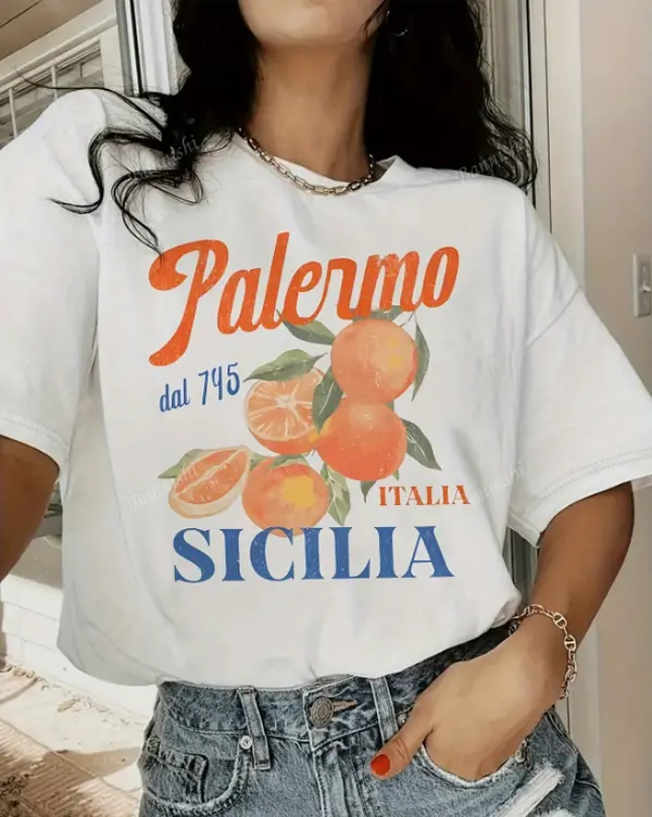 Palermo Sicilia Italia Vintage Watercolor Orange Distressed Letter Women's White Casual Short Sleeve T-ShirtItaly Travel Vacation Gift T-Shirt, Retro Distressed Font Palermo Dal 745 Watercolor Orange Oversized Summer Top/