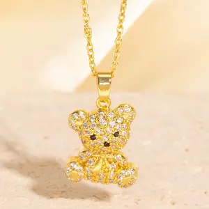 LisiZen Sparkling 3D Teddy Bear Pendant | Micro-Pavé Crystal Necklace, Gold Plated Cutie DZXL3879