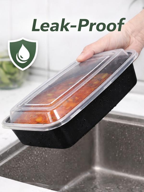 32oz One Time Use Plastic Black BPA Free Food Prep Containers, Nuts Container, Bento Box, Fast Food Take Out Box, BBQ Box, Portable, Stackable, Extra Thick, Microwavable, Freezer Safe, Disposable, Leak proof, Dish Washer Safe