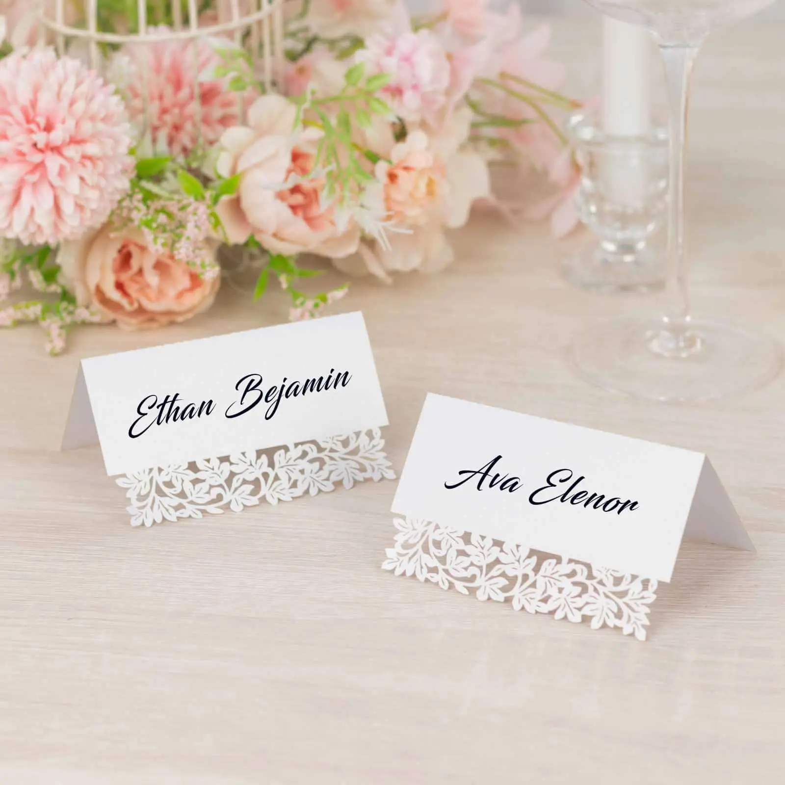 50-Pack Wedding Place Cards 210 GSM with Laser Cut Leaf Vine Design White - Printable Reservation Seating Tent Cards
