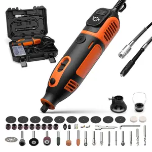 Flycity 200W Corded Rotary Tool Kit with Fine Speed Control & Flex Shaft 8000-40000 RPM Digital Display，It includes a variety of accessories used for handcrafting, cutting, grinding, polishing, drilling, engraving and DIY projects.