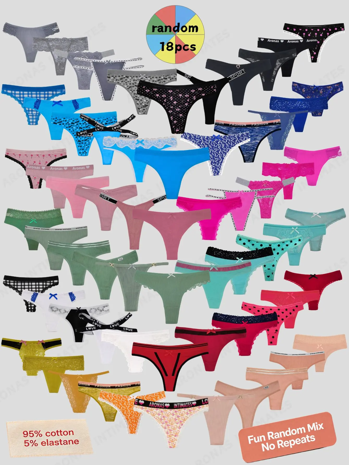 Women's 18-Pack Low-Rise Soft Cotton-Elastane Lacy G String Tangas Panties - Flattering Fit, Cotton Thongs, Casual Comfy, Randomly Assorted Colors & Designs, Lingerie for Women, Cold Wash Compatible