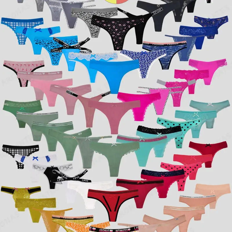 Women's 18-Pack Low-Rise Soft Cotton-Elastane Lacy G String Tangas Panties - Flattering Fit, Cotton Thongs, Casual Comfy, Randomly Assorted Colors & Designs, Lingerie for Women, Cold Wash Compatible