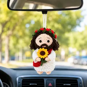 Crochet Jesus Car Charm With Sunflower, Christian Rearview Mirror Ornament, Catholic Car Decor, Handmade Religious Gift