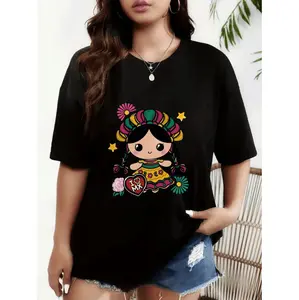 Women's Mexican Folk Art Graphic T-Shirt - White Tee with Colorful Designs - Soft Stretch Everyday Casual Shirt for Gym, Festivals & Everyday Outfits - Machine Washable All-Season Top