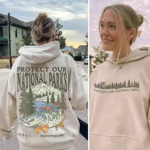 Protect Our National Parks Hoodie And Sweatshirt, T-Shirt, Retro Fish Graphic Pullover, Granola Aesthetic Nature Lover Clothing, Forestcore Outdoor Hiking Apparel, Scenic Conservation Gift For Men And Women