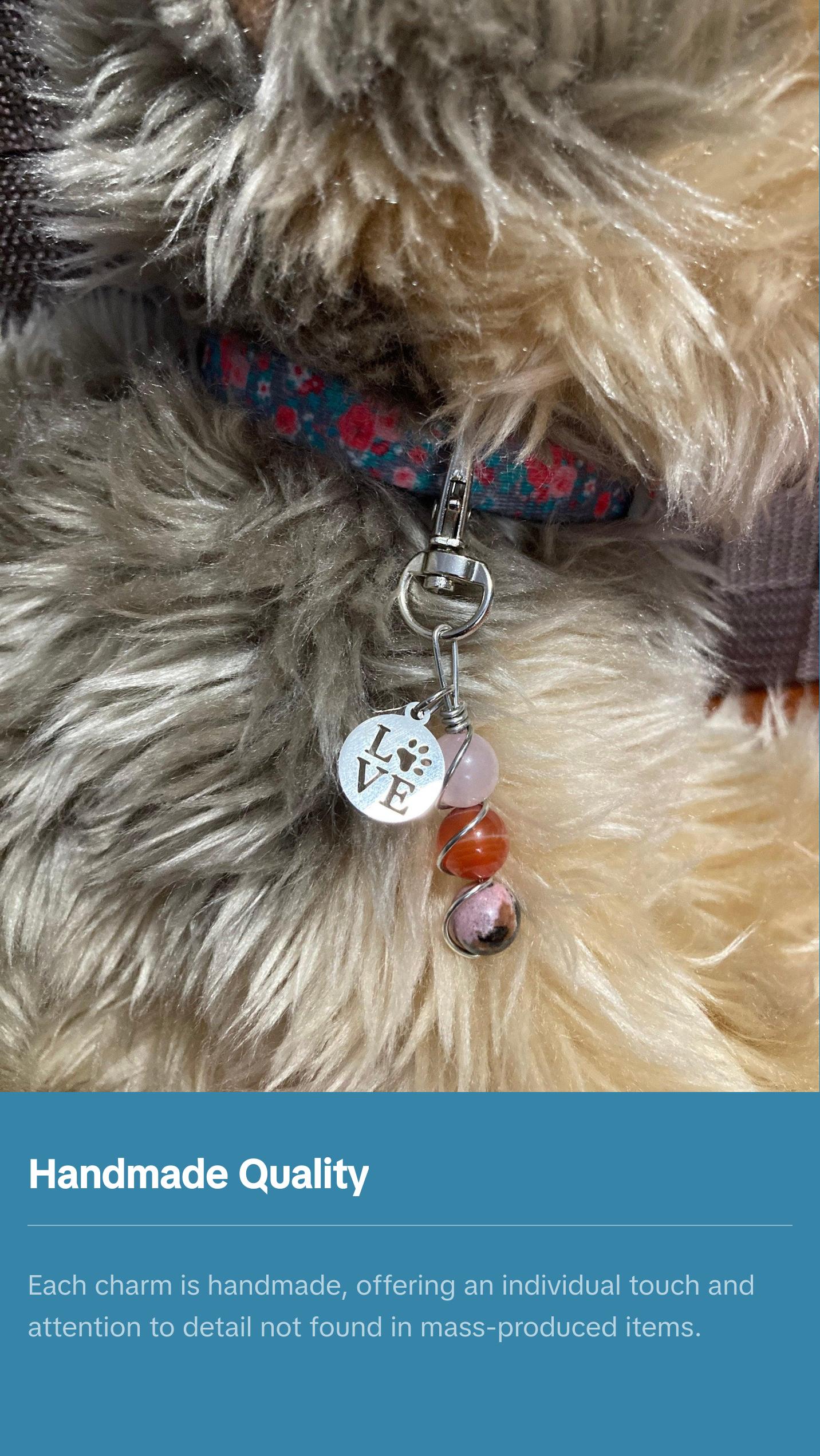 Crystal Healing Pet Charm for Dog Harness or Cat Collar - Rose Quartz - Carnelian - Rhodonite - Key chain