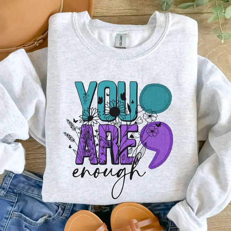 Women's Casual Printed "You Are Enough" Sweatshirt & Tops - Sport Grey, 100% Cotton, Sublimation, OEKO-TEX Certified, Low-Impact Dyes