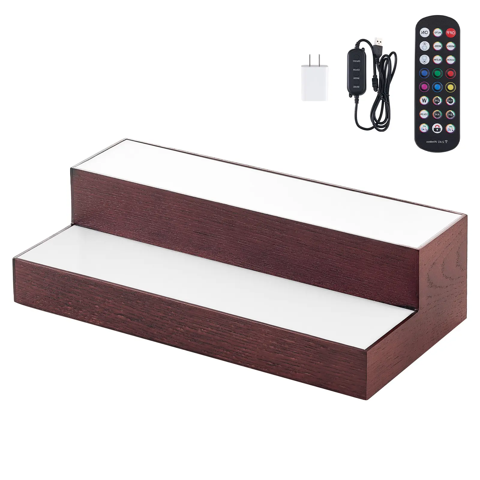 LED Lighted Liquor Bottle Display, 2-Tier 16 Inch Whiskey Rack, Supports USB, Illuminated Home Bar Shelf with RF Remote & App Control, 7 Static Colors, Acrylic+ Wood Lighted Shelf for 8 Bottles