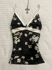 French Vintage Y2K Millennial Style Base Flower Satin Strap Deep V Butterfly Knot Waist Cinch Slimming Sexy Backless Top