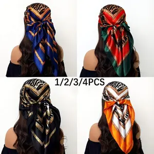 1/4 set: Women's leopard print headscarf, gold-edged geometric pattern square scarf, sleep headscarf, decorative scarf, multi-functional usage