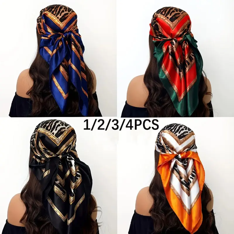 Women's Leopard Print Versatile Headscarf Set, Gold Border Geometric Scarves, Sleep Wraps, Decorative Stoles, Multi-Use Accessories