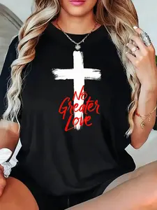 Black T Shirt With White Cross And No Greater Love Text Print
