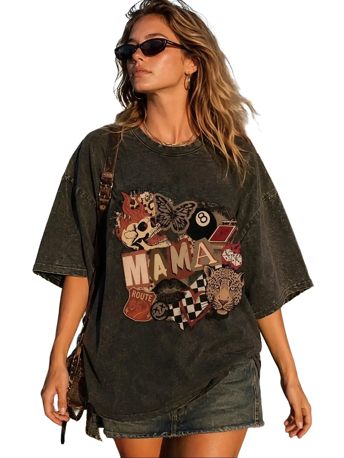 Women's Fitted Vintage Western Collage Graphic T-Shirt - "Mom" Lettering, Leopard Print, Smooth Seamless Cotton, Solid Soft Casual Top, Short-Sleeve, All Seasons, Basic, Foldable, Custom Made Western Clothes
