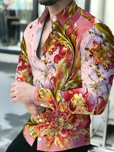 Summer Vibrant Pink Gold Floral Print Long Sleeve Shirt Tropical