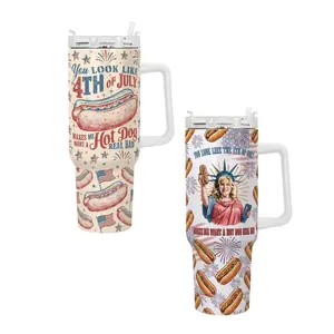 4th of July Hot Dog Tumbler 40oz with Handle, Funny Patriotic USA Independence Day Cup, Vintage Fireworks Design Travel Mug