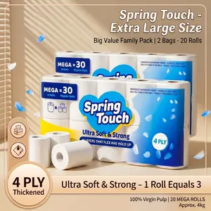 Spring Touch Soft Jumbo Roll Toilet Paper, 20, 40, 60 rolls, 4-ply thickened, non-staining, no dusting, suitable for home, hotel, and office use