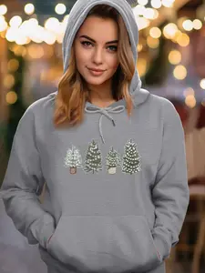 Women's Christmas Tree Print Long Sleeve Hoodie, Casual Fitted Design with Pockets, Available in 6 Colors, Perfect for Spring & Fall