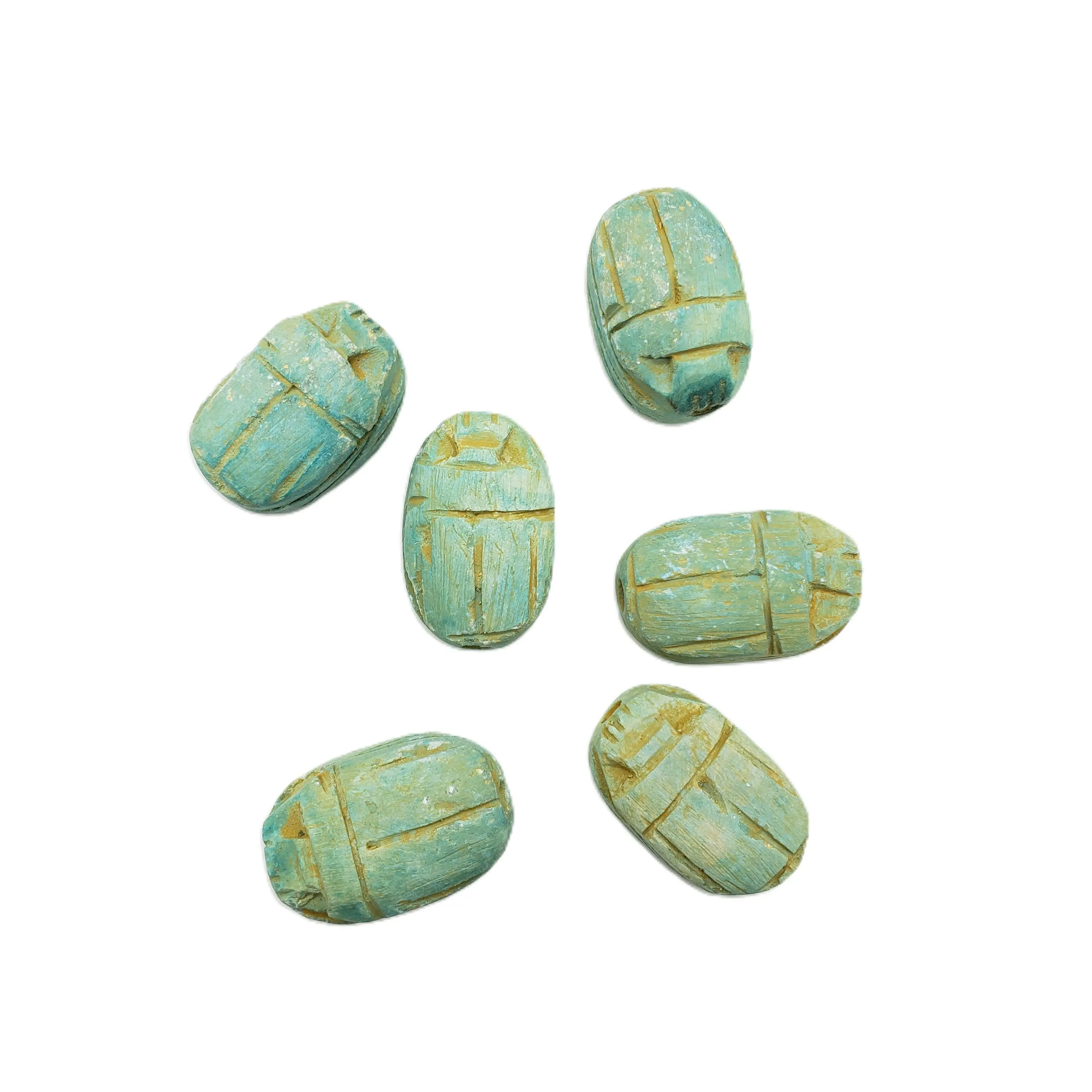 Egyptian Scarab Beads Set - 6 Extra Large Green Soapstone Beads, Made in Egypt, for DIY Jewelry Making, Vertical Transformation & Rebirth Symbol, Perfect Gift