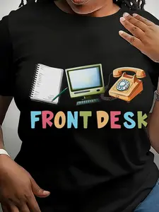 Women'S Vintage Computer Phone Office T-Shirt - Soft Casual Workwear Short Sleeve Crew Neck Top, Front Print Design, Suitable for Teachers, Mothers, Administrative Assistants - Machine Washable Daily Work T-Shirt, Suitable for All Seasons