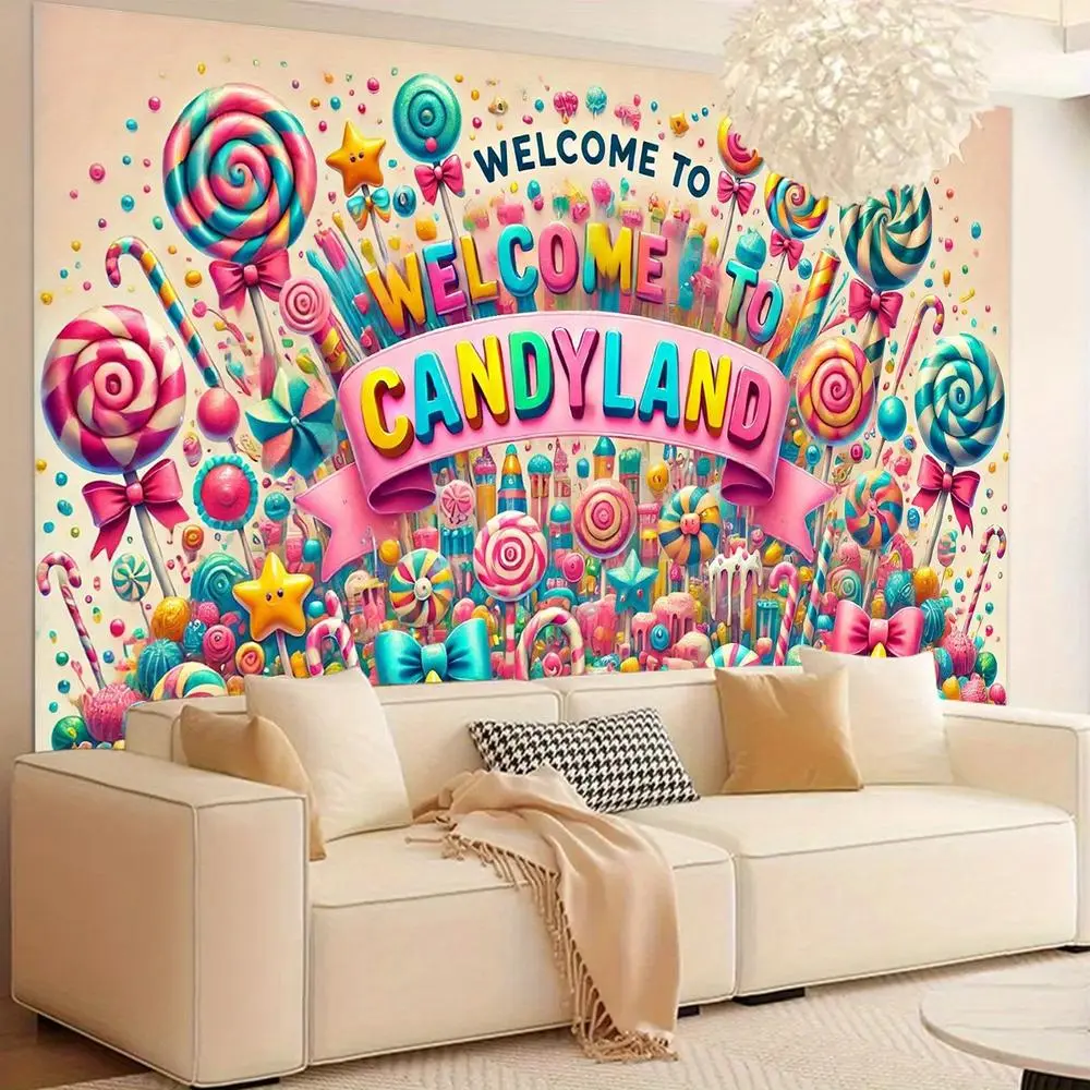 1pc White 2D Flat Welcome Banner - Durable Polyester Candy-Themed Textiles Decor - Ideal for Weddings, Birthdays (Indoors Use for Living Rooms, Gardens)