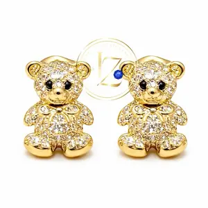 Bear Small Earrings Hoops Gold Color with Rhinestones and Black Eyes for Women