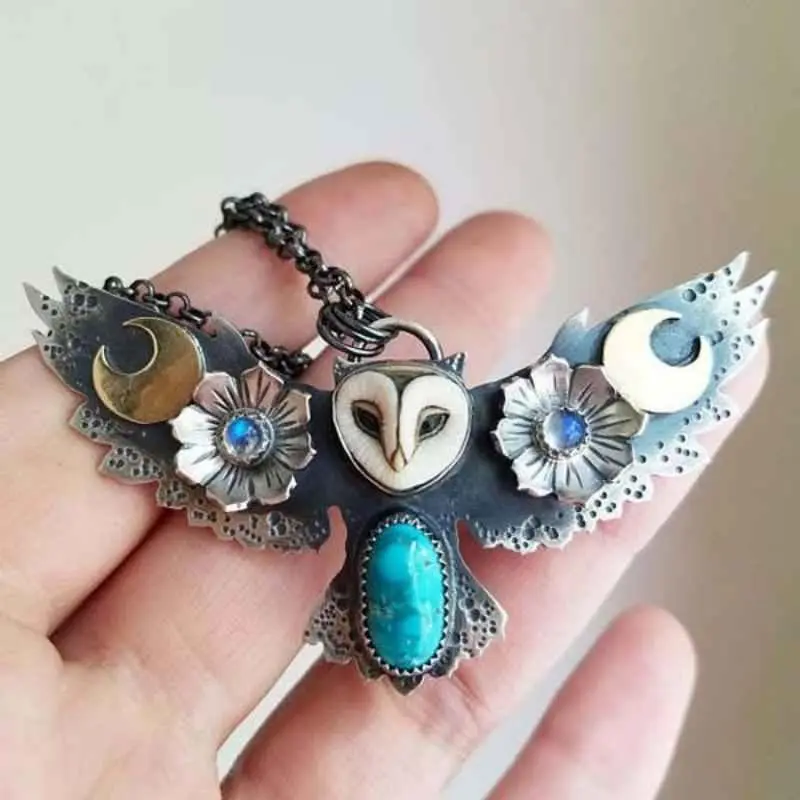 Vintage playful cute owl animal necklace, gift jewelry for women on vacation or for parties