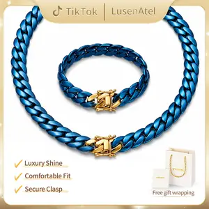 [2026 New Drop] Blue Cuban Chain Necklace & Bracelet Set | Dragon Clasp Edition | Heavy Stainless Steel Link | No Fade, No Green | Statement Hip-Hop Jewelry
