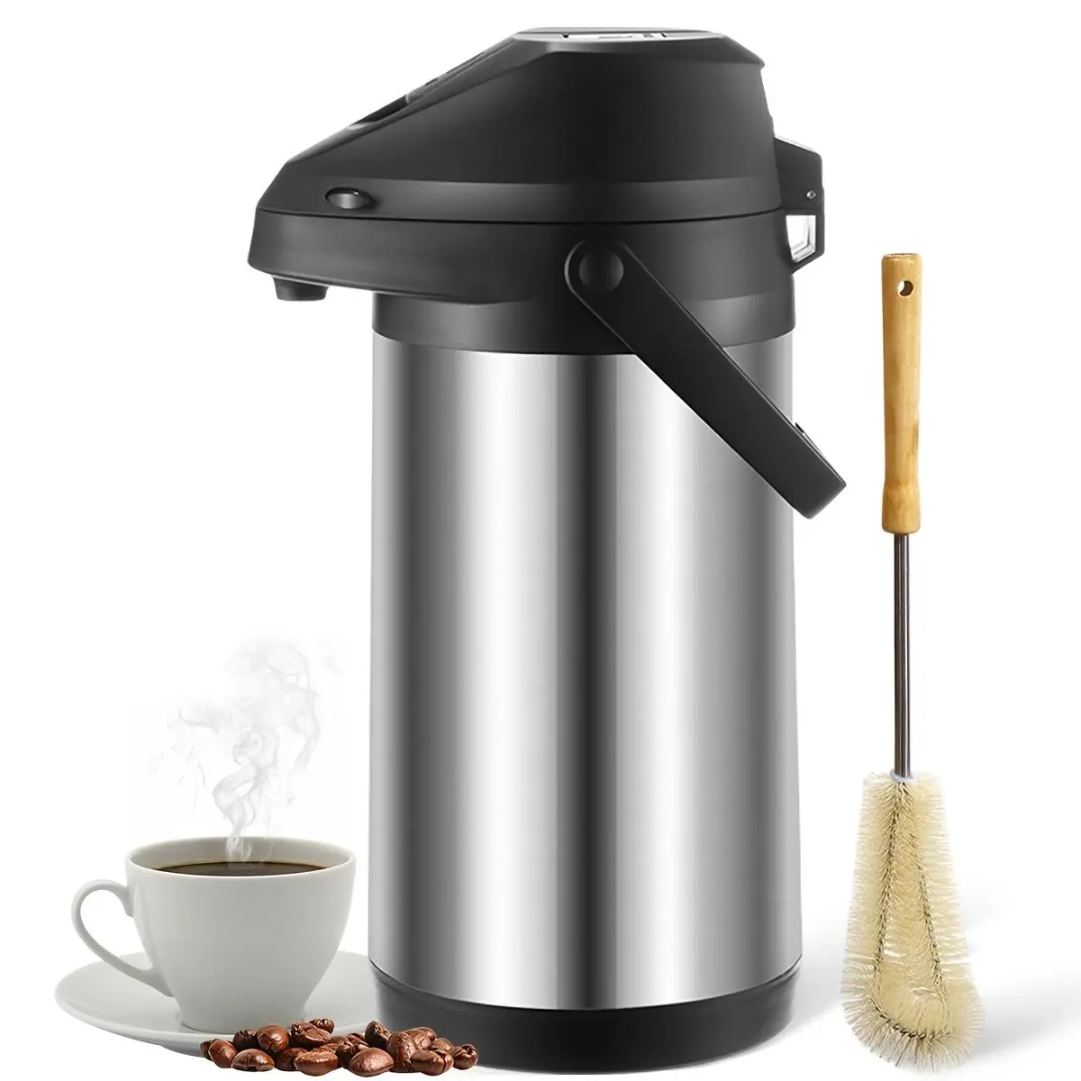 Stainless Steel Coffee Dispenser Set, 1 Count Double-walled Insulated Kettles with Cleaning Brush, Lever-action Dispenser for Coffee, Tea, Water