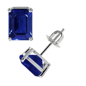 Classic Four Prong Emerald Cut Blue Sapphire Stud Earrings (2.20cttw)- EBS003-7X5-AAAA
