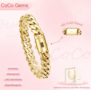 14K Gold Plated 14MM Miami Cuban Link Bracelet for Men – Waterproof & Tarnish Resistant, Heavyweight Hip Hop Chain, Luxury Streetwear Jewelry Gift, 7.5"/8.5" Bracelet for Daily Wear, Business & Party Style