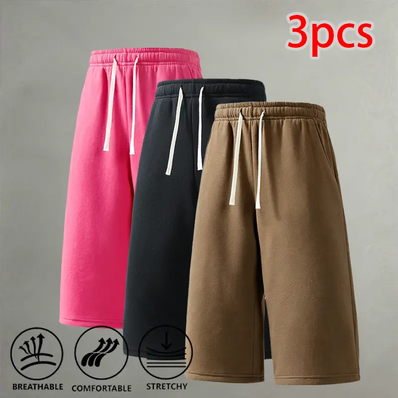 Men's 3-Piece Comfort Stretch Loose-Fit Polyester Knee-Length Sweat Shorts - Breathable, Drawstring, Casual for Gym, Jogging,clothes for back to school,first day of school outfits