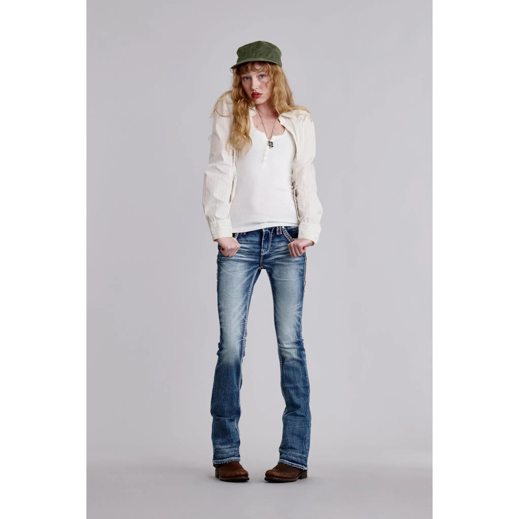 rr Women's Embroidered Denim Bootcut Jeans - Casual Basic Bottoms with Embroidered Motif, Decorative Details, Boot Cut Jeans, Denim Embroidered Jeans