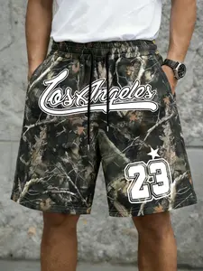 Men's Tree Camouflage Los Angeles 23 Print Drawstring Shorts, Y2K Street Style Loose Fit Summer Casual Pants for Daily Wear, Casual Fashionable Shorts