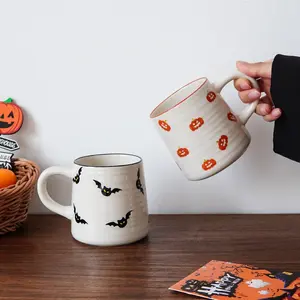 Halloween Ceramic Mug Set, Pumpkin & Bat Design Coffee Cups, Perfect for Home Decor, Parties, Breakfast Drinks, Gifts