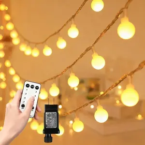 49.2ft 100 LED Warm White Globe String Lights, 16ft Extended Lead, Remote Control, 8 Modes, IP44 Waterproof Linkable Lights for Wedding Party Home Outdoor Decor