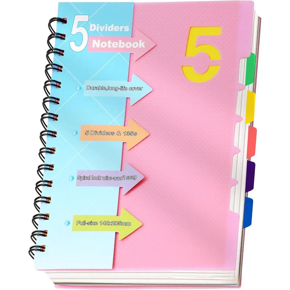 5 Subject Notebook, Small Spiral Notebook with Tabs, 6'' x 8'' | Removable Dividers, 180° lay-flat, Portable, College Ruled, 240 Pages Note book, for School Work, Pink