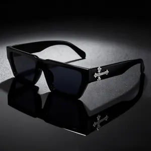 Men's Fashion Rhinestone Cross Pendant Glasses PC Anti-Explosion Lenses Sporty Casual Streetwear Vintage Flat Top Sunglasses