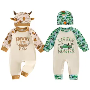 Infant Baby Boy Western Romper Letter Bull Head Print Long Sleeve Jumpsuit with Horned Hat 2 Piece Set 0-18 Months