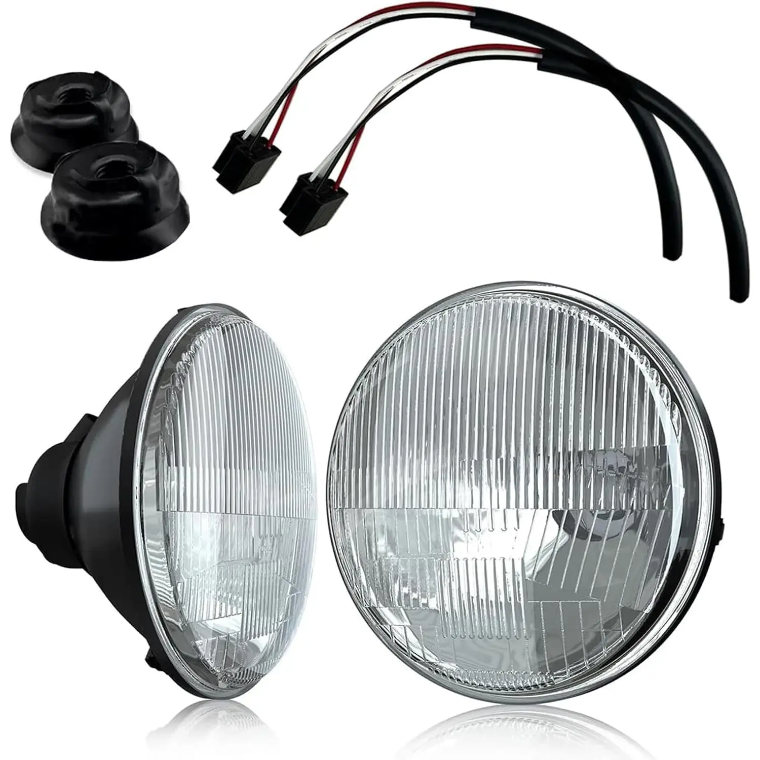 With Bulb 7 Inch Round Led Glass Headlight Lens Housing, Housing LED Halogen Chrome Glass Lens Headlights Conversion Kit for H4 HB2 9003 Bulbs H6024 Sealed Beam Round Headlight (with Bulb) (2)