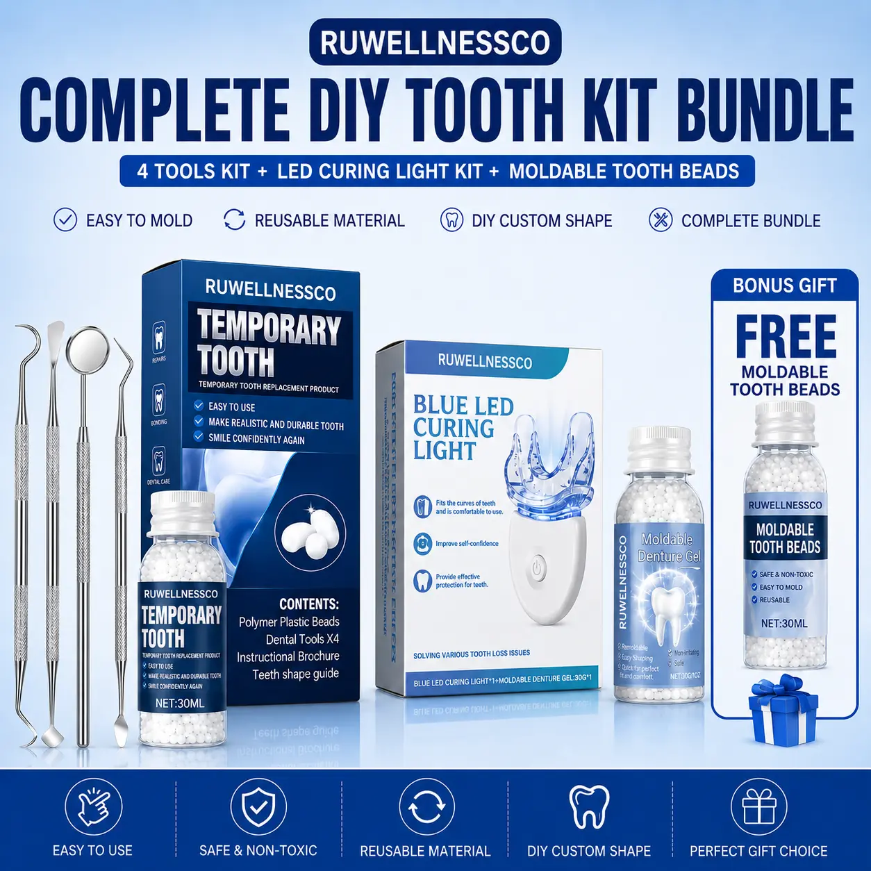 Moldable False Teeth, Teeth Repair Kit,Comes with 4 repair tools,Veneer teet,Shapeable Denture RepairPellets for Broken Teeth & Missing Teeth-Oral Care Product | Ideal for Films, TV Programs, Halloween, Various Dance Parties, Cosplay, Oral Gel