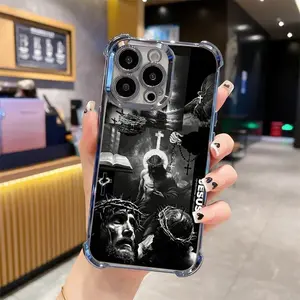 Creative Jesus Pattern Cross Shockproof Casing For iPhone 17/16/15/14/13 Pro Max Plus Electroplating luxury transparent four corner anti drop and shockproof phone case  304