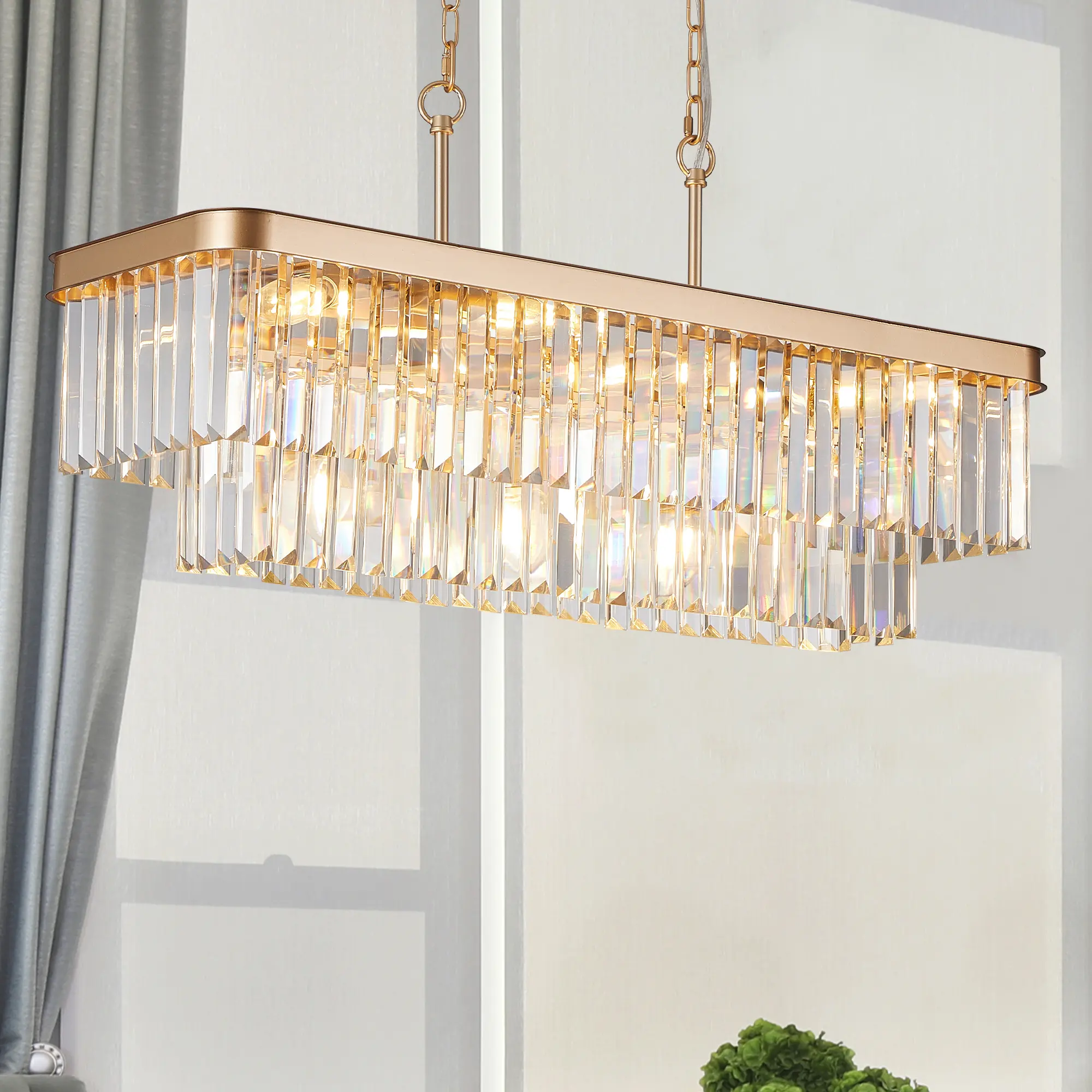Modern matte black iron linear chandelier with two-tier cascading faceted K9 crystal shades lights