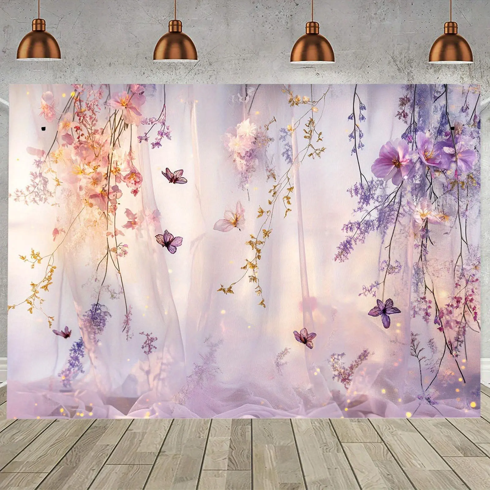 1pc Large Modern Print Dreamy Garden Floral Party Banner - Pastel Lavender & Pink Flowers, Golden Butterflies, Stain-Resistant Polyester Textile Backdrop, No Electricity Needed, for Wedding, Birthday Decor, Indoor/Outdoor Use
