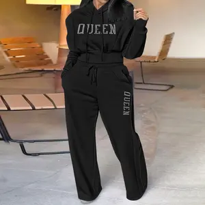 ChicMe 2 Pieces Outfit 3D Design Crop Drawstring Hoodie Top and Drawstring Elastic Waist Wide Leg Sweatpants Set Casual Rhinestone Letter Pattern Sweatshirt Set