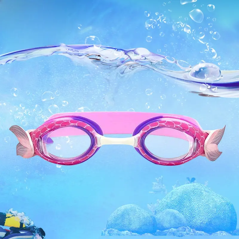 Unisex Children's Pink & Blue Mermaid Cartoon Swimming Goggles - PC Lenses, Eyelash Detail, Ski Mask Compatible, Waterproof, Anti-Fog Sports Eyewear Bundle, Polycarbonate