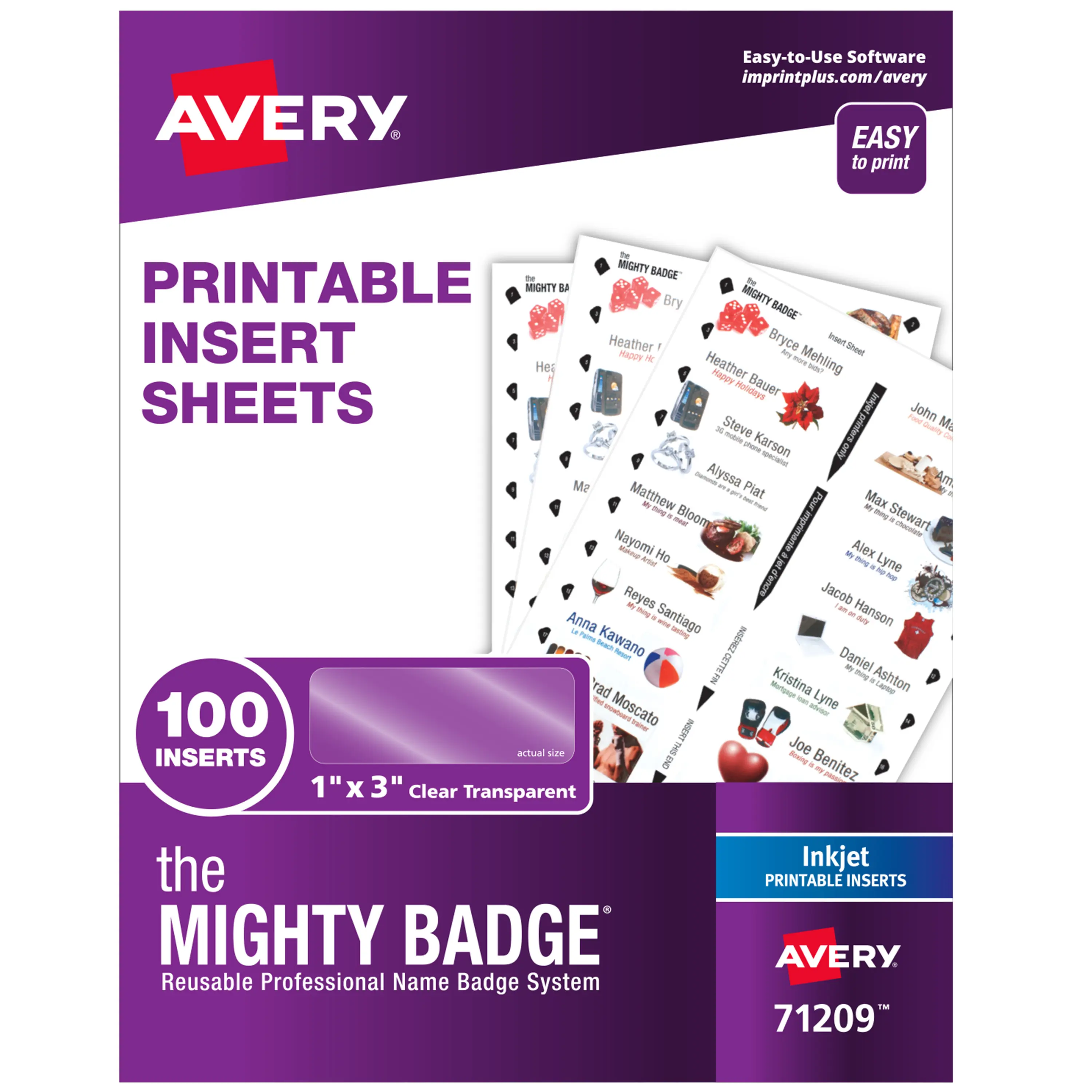 Avery Reusable Magnetic Professional Name Badge System Refills, Inserts for 1" x 3" Name Tags, Compatible with Inkjet Printer, 100 Clear Printable Inserts (71209)
